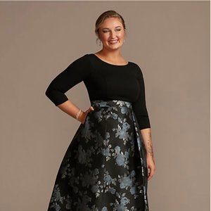 Oleg Cassini Gown Size 14 with Pleated Blue, Silver, and Black Brocade Skirt